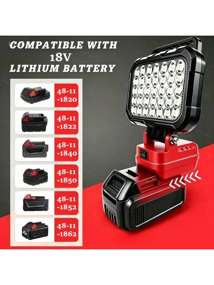 Lampa LED kompatybilna z akumulatorami Milwaukee M18, przenośny reflektor, bezprzewodowa latarka, lampa robocza, do wędkowania, ręczna lampa awaryjna. — 2