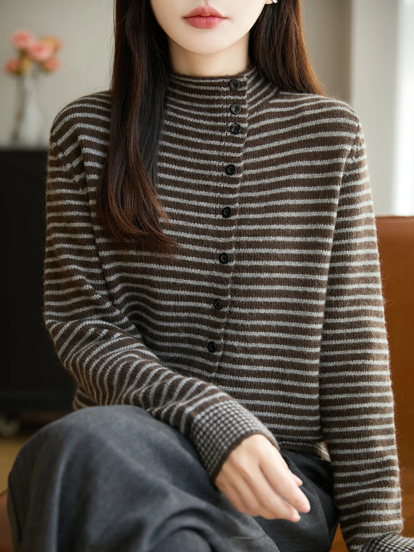 

Casual Stripe Knitted Open Cardigan Women's Versatile Sweater Jaet Slimming Leisure Retro Faion Soft Long Sve Top