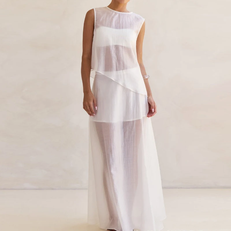

Fashion O-neck Irregular Top & Skirt Suits Woman 's Casual Sleeveless Vacation Outfit Sexy Sheer Hollow Long Skirt 2 Piece Sets