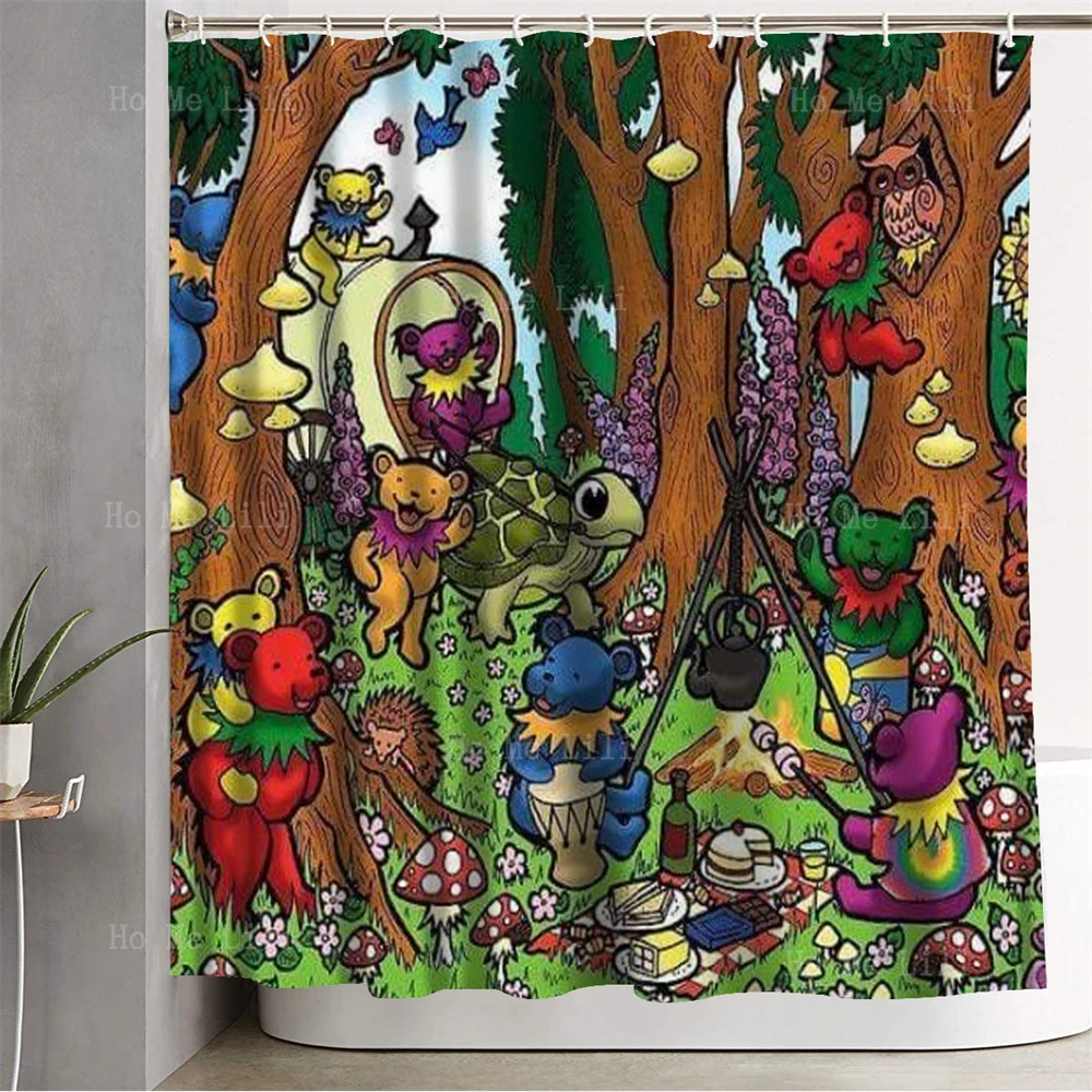 American Rock Band Grateful To The Dead Dancing Bear Forest Dinner Frolicking Barbecue Shower Curtain For Bathroom Decor