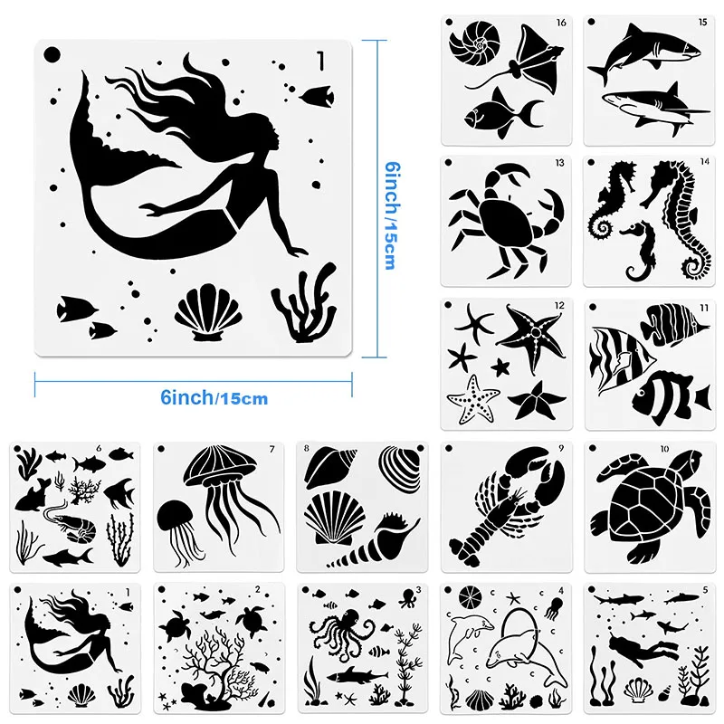 16pcs Sea Ocean Creatures Painting Stencils Reusable Marine Life Animal Painting Stencils for Painting On Wood Wall Templates