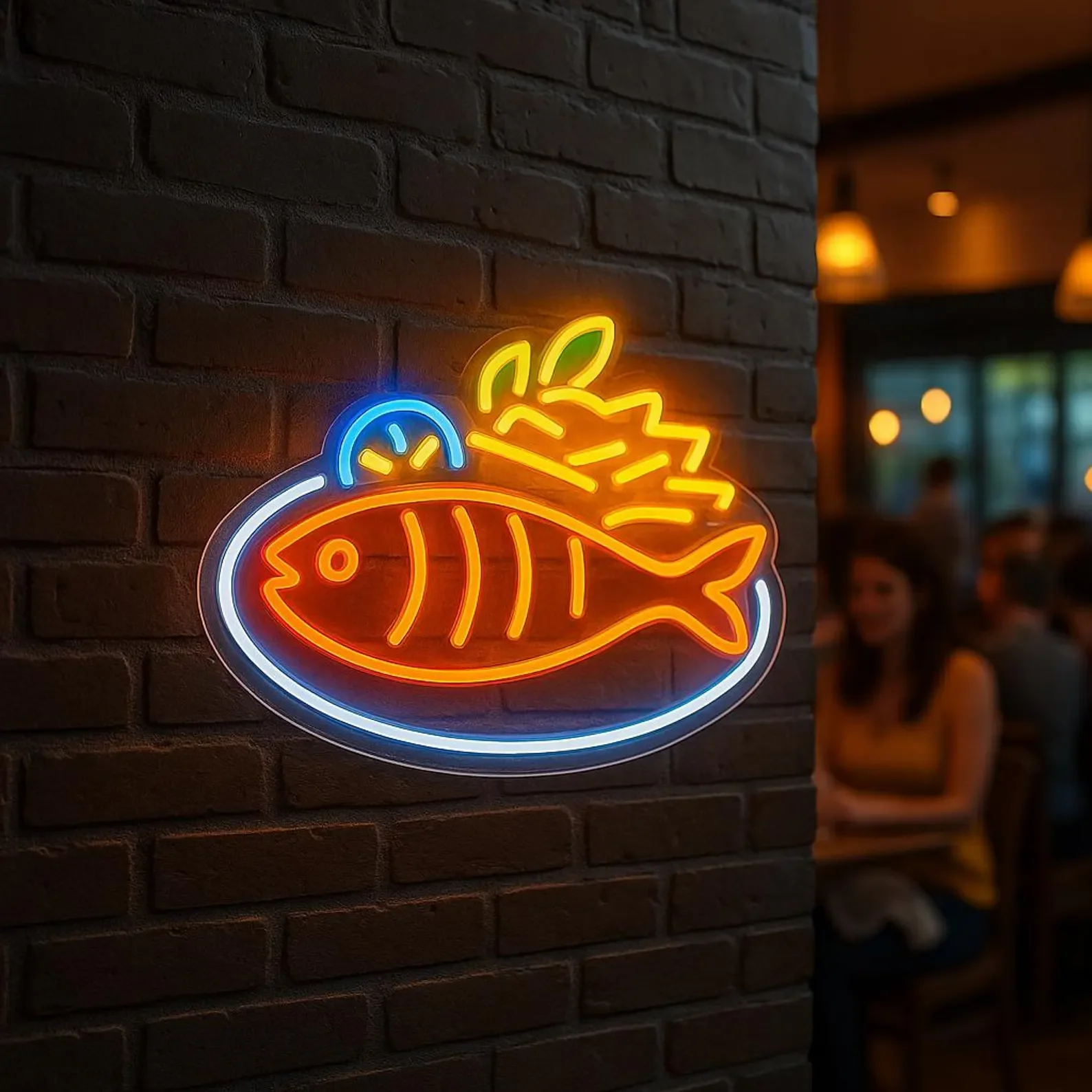 

Fish Fry Neon Sign, Your Restaurant Wall Decor Sign, Fried Fish with Beer Neon Sign, Fish with Lemon LED Decor, Fish and Greens