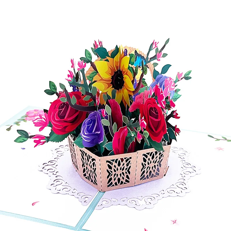 3D Pop-Up Cards Flower Basket Greeting Card For Kids Gift Thanksgiving Day Invitation Greeting Card Postcard For Teachers' Day