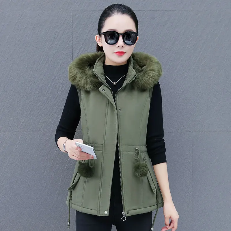 New Autumn Winter Women'S Loose Casual Fur Collar Hooded Slim Fit Slimming Coat Fashion Waist Cinching Versatile Thick Warm Vest