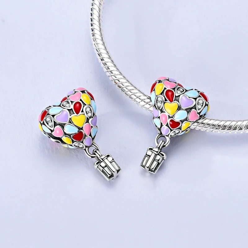 Charms 925 Sterling Silver Original Heart Colorful Balloon Gift Box Charm Beads Suitable Bracelet DIY Women's Jewelry Making