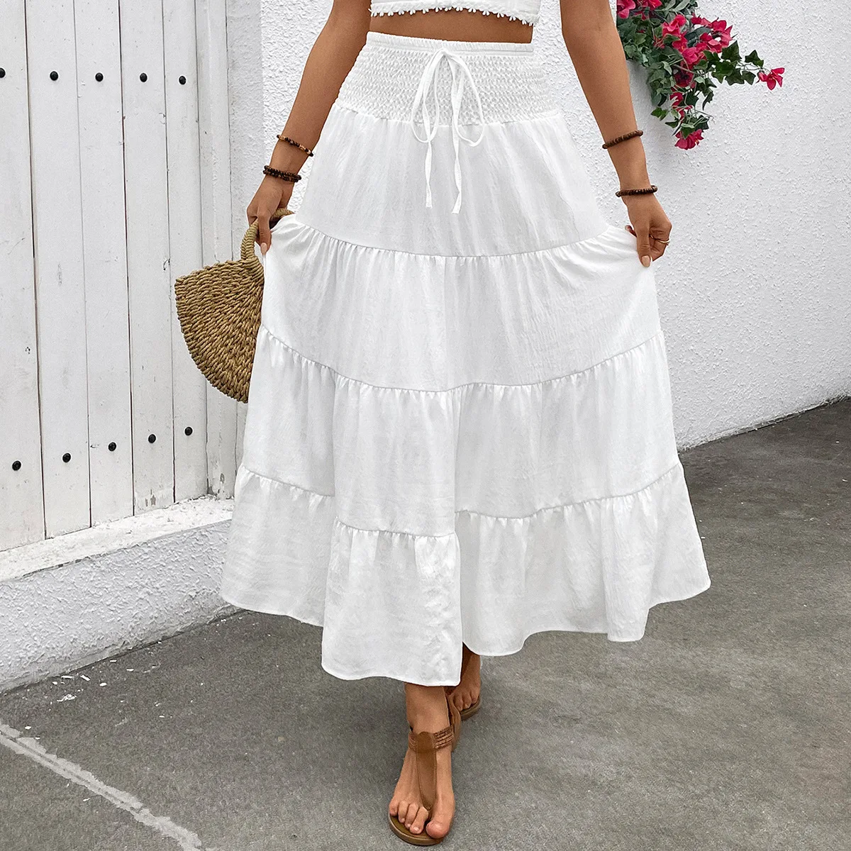 

New Women Summer High Waist Skirts Casual Elegant Solid Color Bohemian Ruffled A-Line Skirt For Beach Vacation Streetwear S-XL