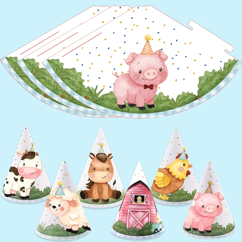 6 stücke Nutztier Papier Hut Karton Geburtstag Hüte für Kinder Ackerland Tier alles Gute zum Geburtstag Party Dekorationen DIY Party liefert – Detail 3