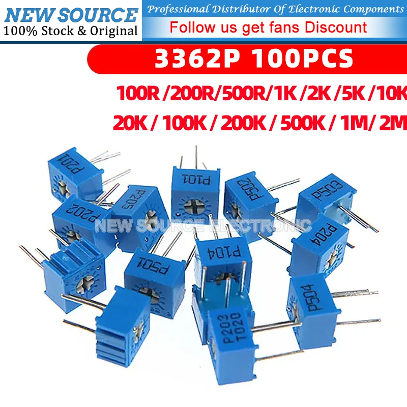 

100pcs 3362P 1K 2K 5K 10K 20K 50K 100K Trimpo Trimmer Potentiometer 101 201 102 104 202 502 103 203 503 104 204 105 FreeShipping