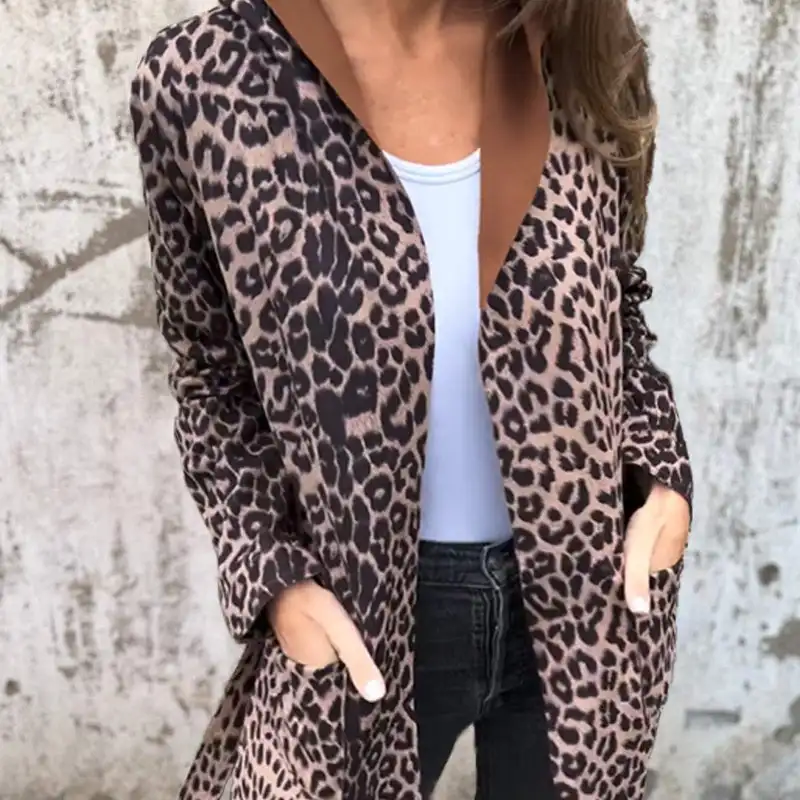 Womens Leopard Coat Jacket Cardigan 2024 Winter Open Front Hooded Pockets Jacket Coats