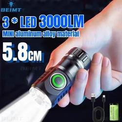 Mini lanterna LED para Montanhista, Super brilhante tocha, liga de alumínio, USB recarregável, 3000LM, 18350, 3 x