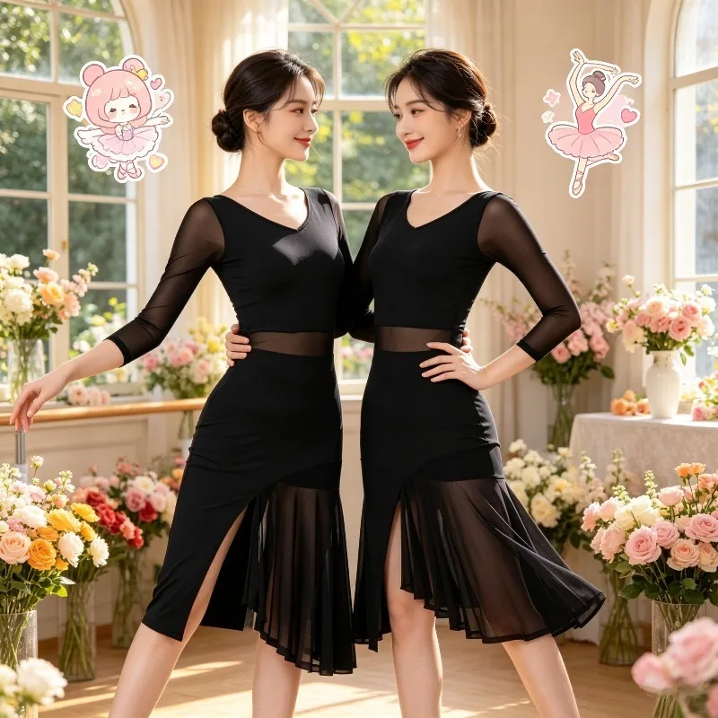 

Women Sexy Sheer Mesh Latin Dance Dress Elegant Samba Ballroom Dance Costume Stage Performance Dancewear Line dance clothing