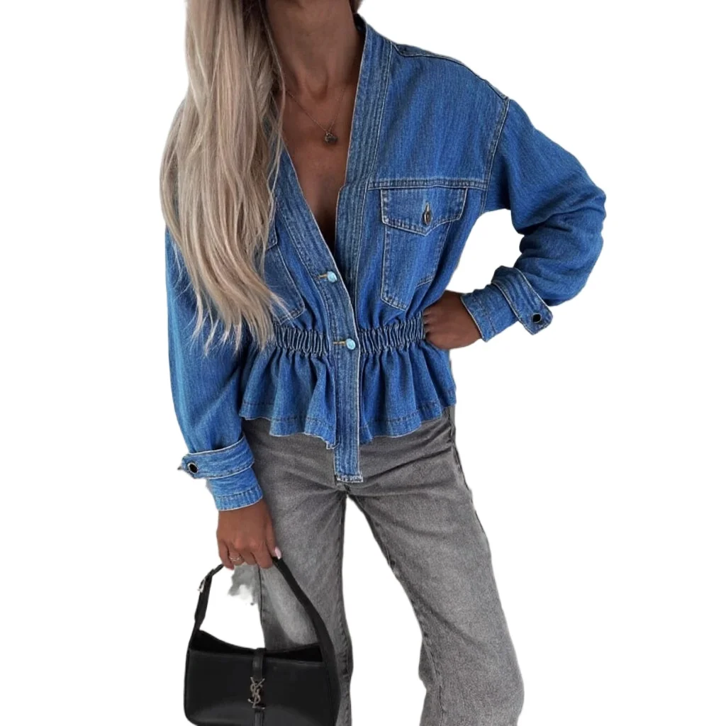 Vintage Slim V-neck Jeans Jacket Women's Long-sleeved Blue Denim Coat Single-breasted Top Streetwear High-end Designer Clothing