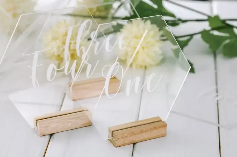 

Rustic Wedding Geometric Clear Table Numbers With Holder Set,Shower party Number Sign,Personalized Elegant Printed table number