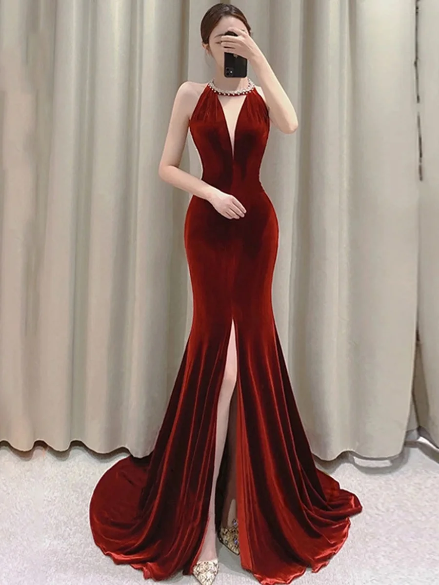 

Sexy Bal Velvet Dr with Diamond Embelliment Long Split Evening Gown for Par Wedding Red Color Slimming Effect