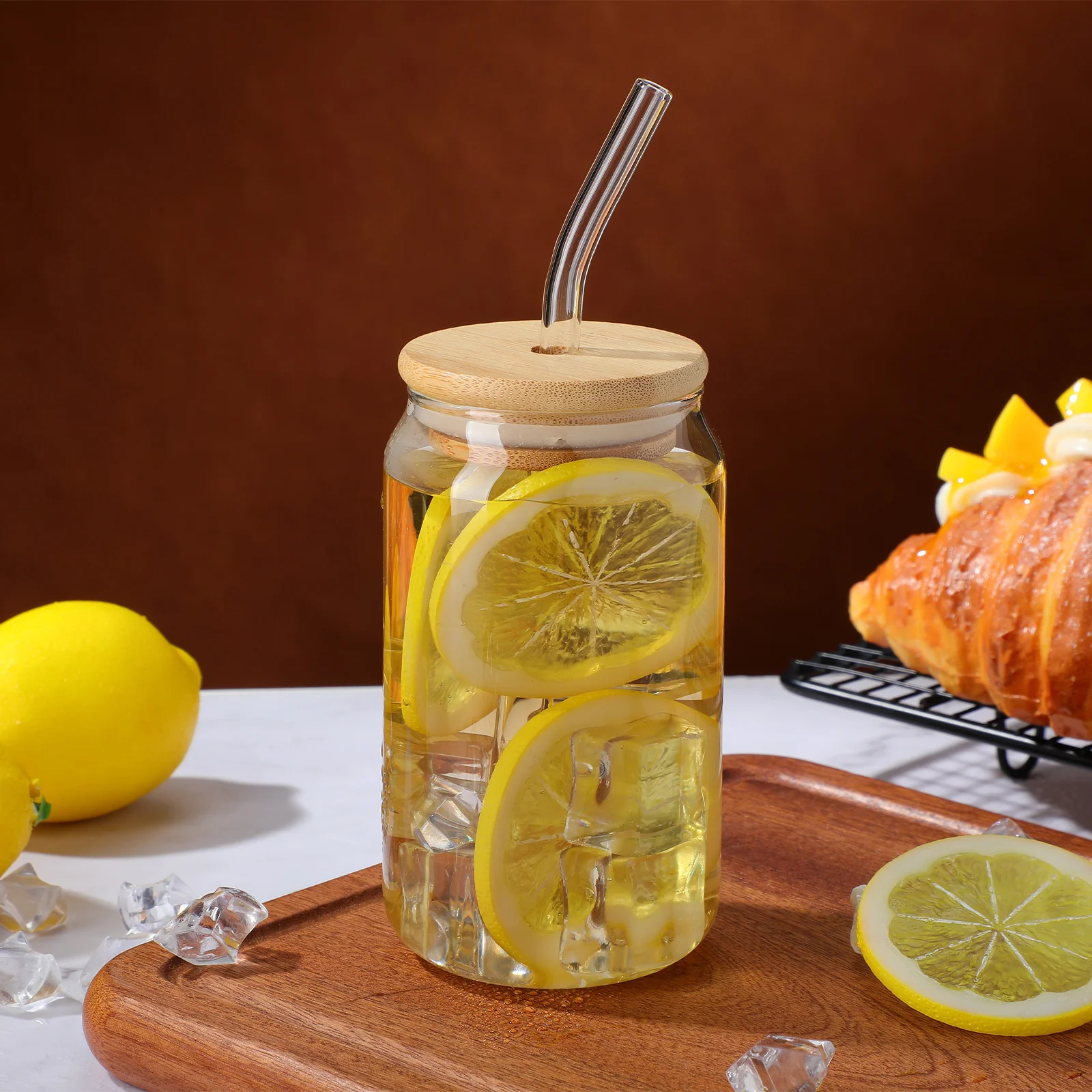 

2pcs Glass Cups With Bamboo Lid Juice Cup Straw Mug With Lid Multipurpose Water Drinking Cup For Home Restaurant Use