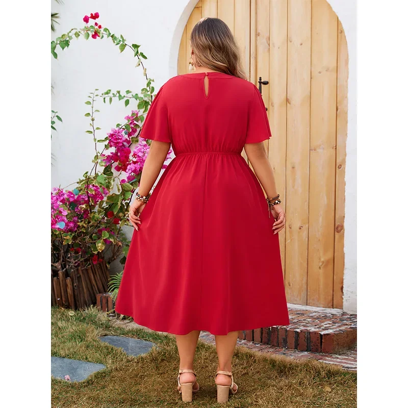 Plus Size Solidny okrągły dekolt w szpic Sukienki damskie Krótkie rękawy z falbankami Szlafrok w kształcie litery A Elegancka odzież na wakacje z