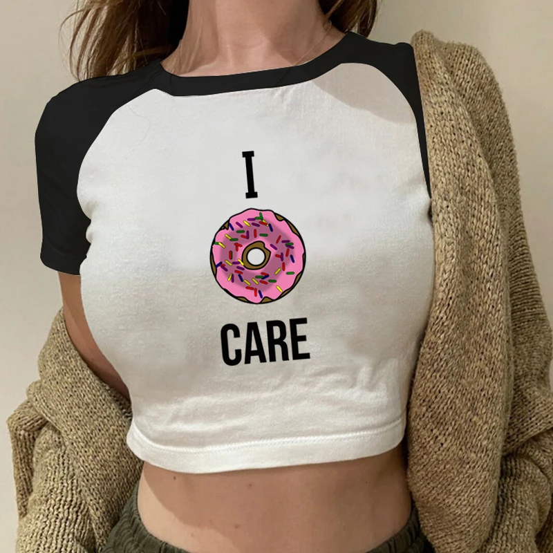 

Donut Graphic Crop T-shirt I Donut Care Print Women's Tshirt Trend American Retro Raglan Sleeves O-Neck T Shirt Female Short Tee