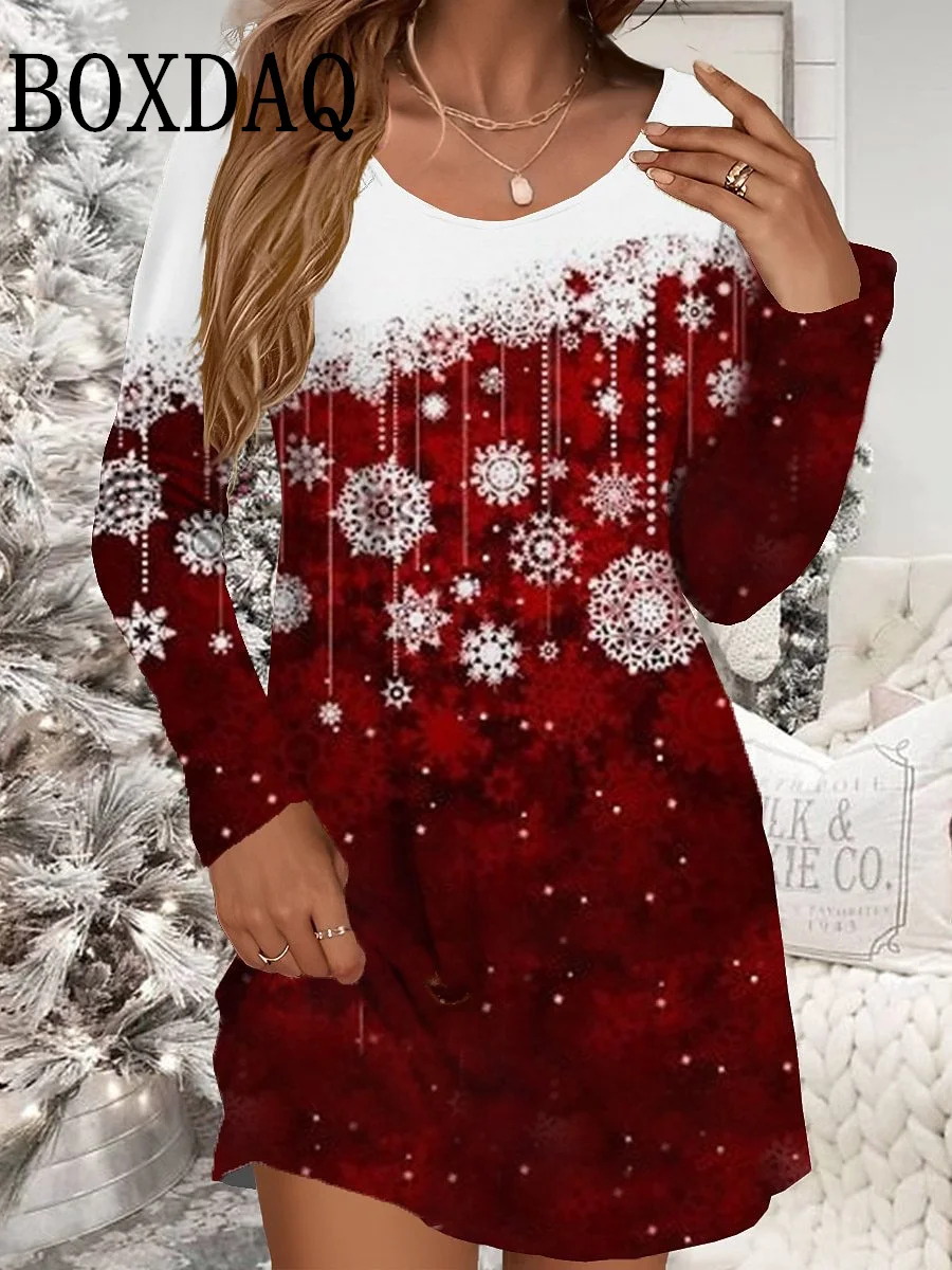 Autumn Winter Women Dresses Christmas Snowflake Print Dress Casual Party Clothing Long Sleeve Women\'s Loose A-Line Mini Dresses