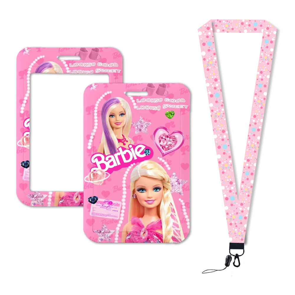 Latest Barbie Women Credit Card Holder Lanyards Ladies ID Badge Holders Necktie Worker Cellular Card Cover Neck Strap Students