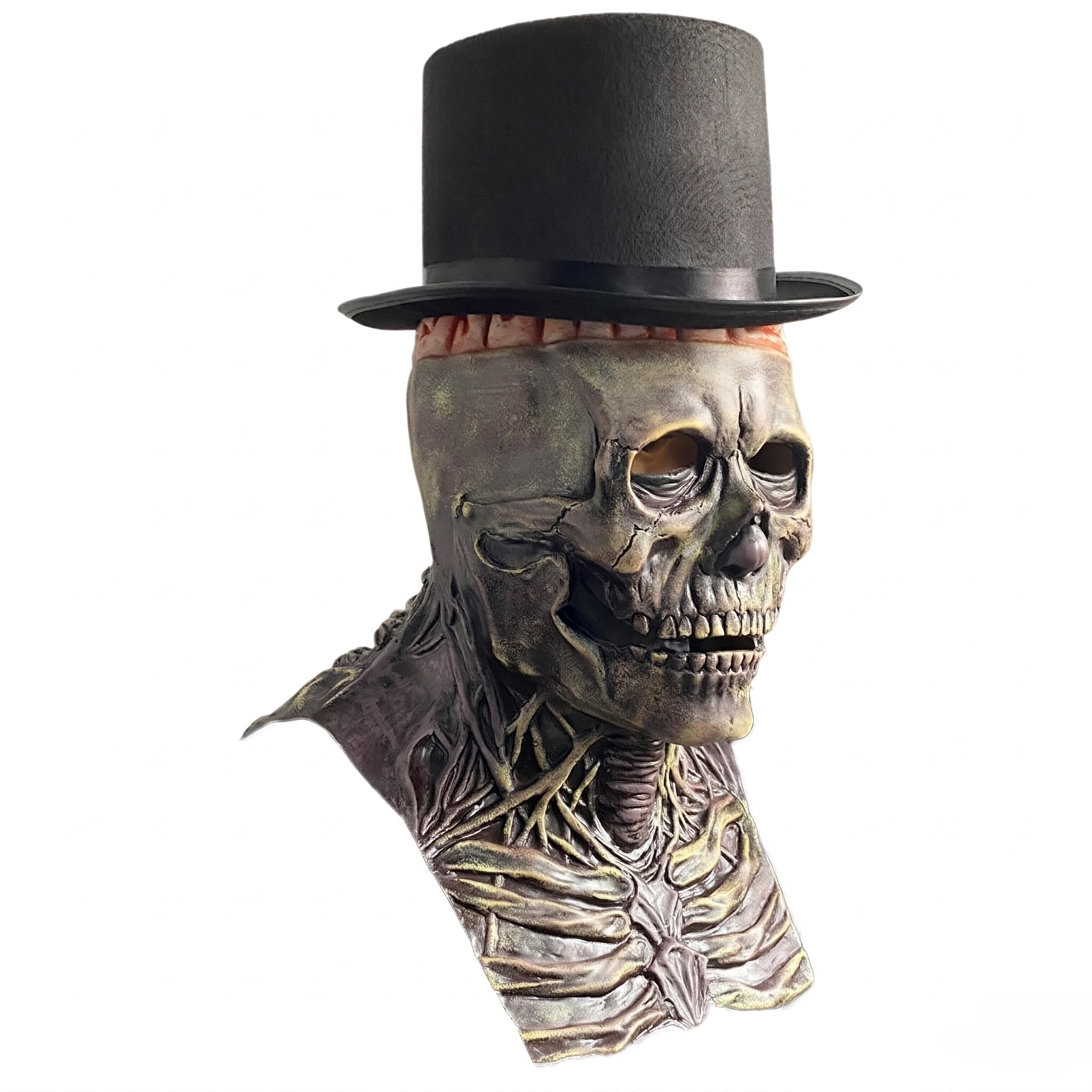 1Pc Horror Skeleton Mask with Bust & Black Top Hat, Realistic Exposed Brain, Adult Halloween Cosplay Party Prop