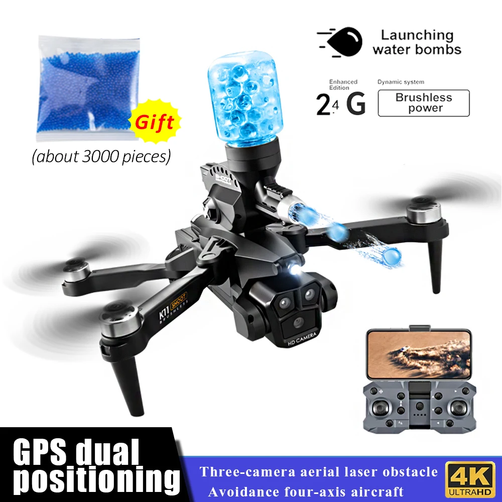 Drone di lancio della bomba d\'acqua con fotocamera brushless flusso ottico fotografia aerea giocattoli 4K tre fotocamera Quadcopter pieghevole Fpv