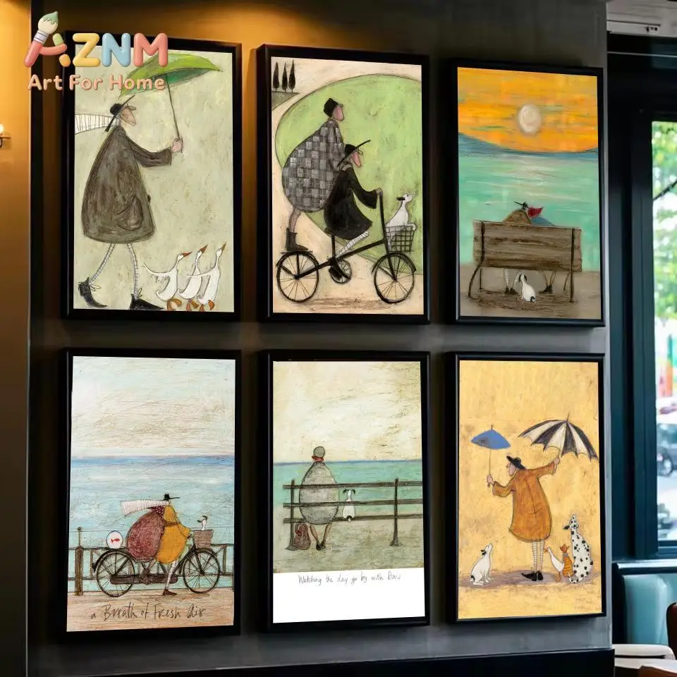 AZNM Whimsical Wind Figure Duck Dog Canvas Wall Art, Vintage Folk Bicycle Seaside Painting Print, Living Room Gallery Home Decor