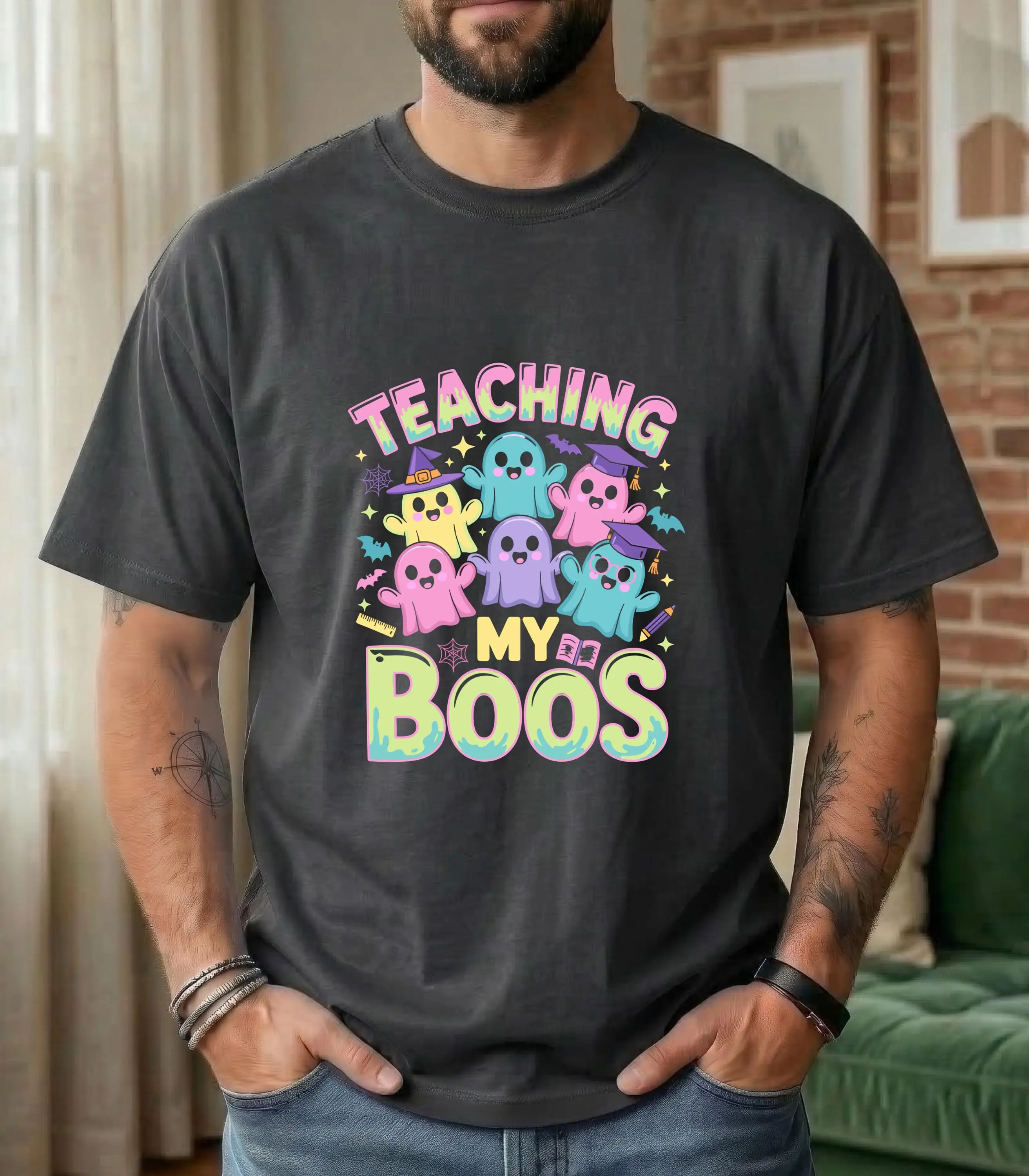 Halloween Teacher T-Shirt | Pastel Ghosts, Classroom Charm Men's High-Quality T-Shirt - Soft and Comfortable Classic Fashion
