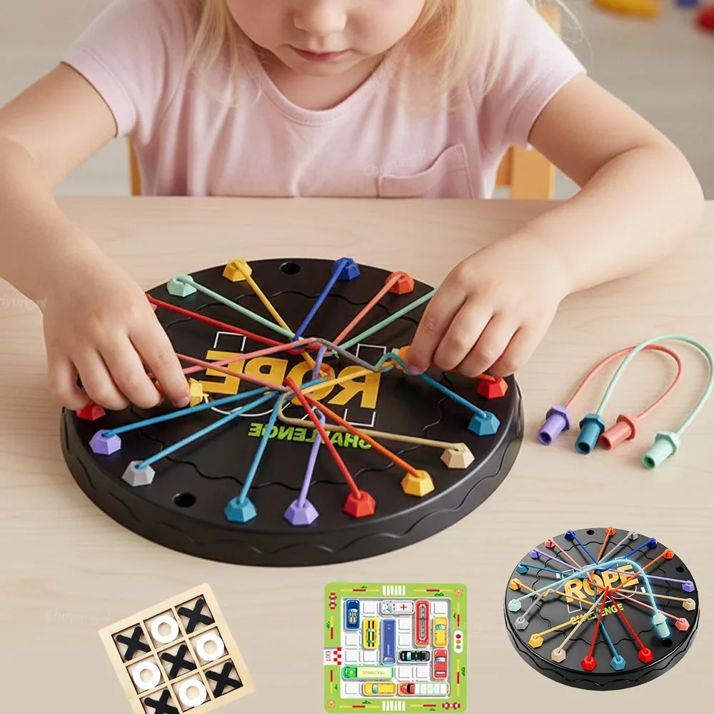 Rope Tangle Puzzle Tischspielset Seilknoten Puzzle / Auto-Labyrinthbrett / XO Schach Lernspielzeug Logikfokus Reisespielzeug für Kinder