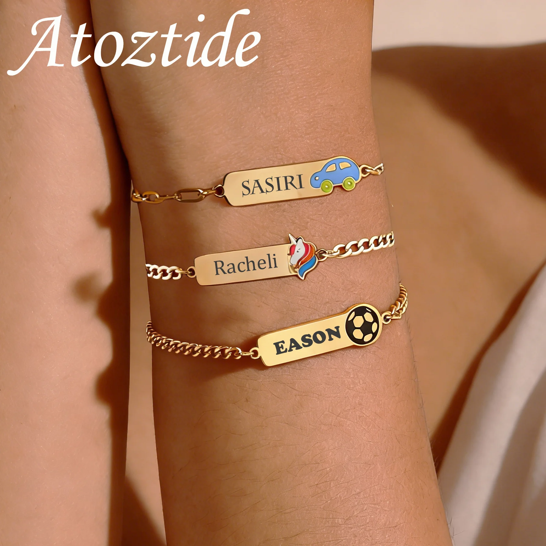 

Atoztide Engrave Name Bracelet For Baby Kids Color Oil Drip Football Stainless Steel Jewelry Figaro Chain Personalized Gift