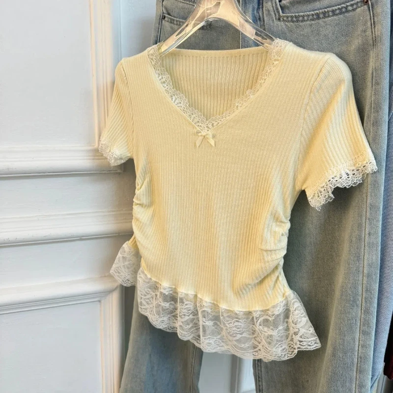 Sweet Bow Lace Patchwork Fake Two Pieces Tops Summer New Short Sleeve V Neck Youth Korean T Shirts Fashion Trend Women Clothing