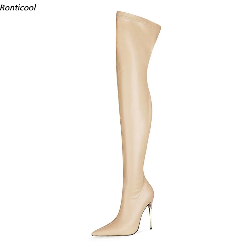 Ronticool 2021 New Autumn Women Flexible Thigh Boots Stiletto Metal Heel Pointed Toe Beautiful Nude Party Shoes Size 35-45