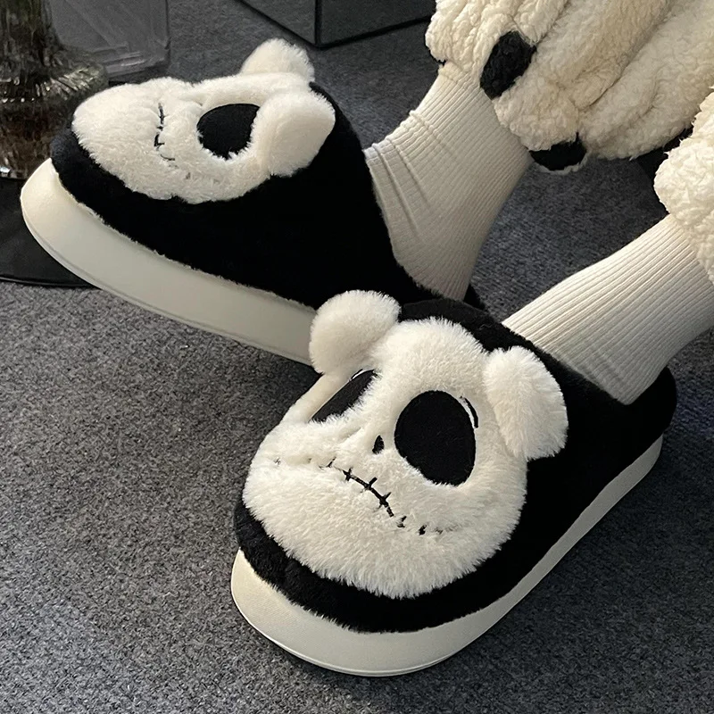 Winter Warm Cotton Slippers Women\'s Thick Sole Home Indoor Floor Shoes Skull Head Design Soft and Lightweight Plush Slippers