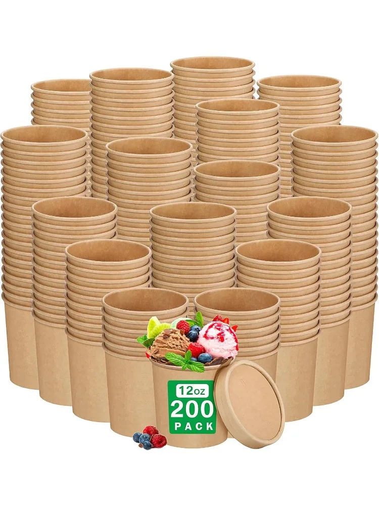 200 Sets 12 oz Disposable Soup Containers with Lids Kraft Paper Soup Bowls Bulk Storage Food Containers for Soup Leftovers