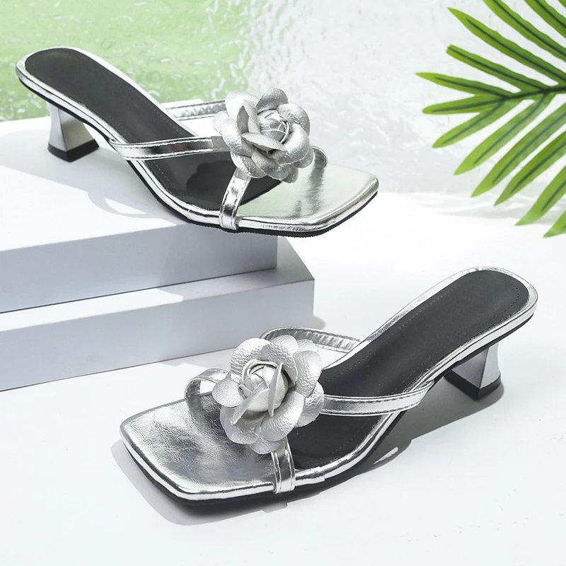 

Summer New Women Sandals Shoes Fashion Flower Decor Thin Heel Ladies Slides Silver Dress Party Female High Heel Slippers