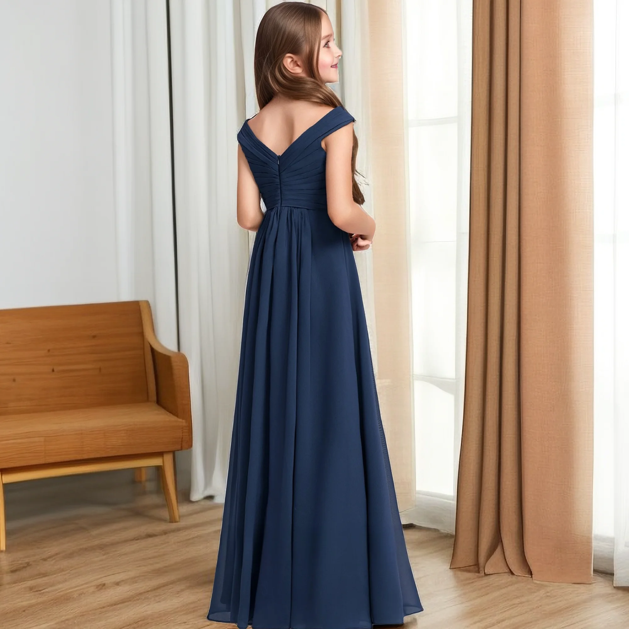 Kids V-Neck Chiffon Junior Bridesmaid Dress Prom Night Wedding Festivity Celebration Banquet Pageant Birthday Party Ball-Gown