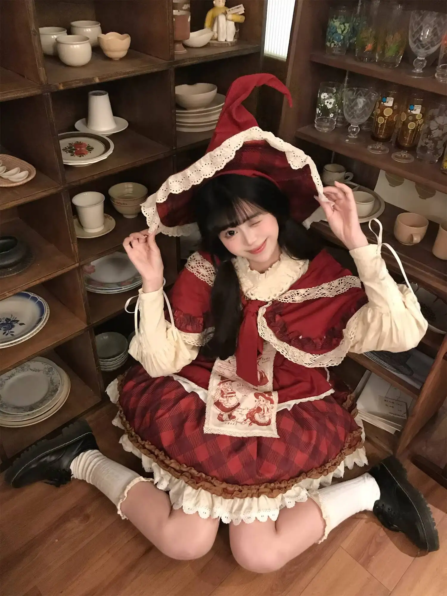 

New Fiesta Carnival Halloween Cos Cosplay Magic Little Red Riding Hood Lolita Pastoral Style Wine Red Plus Size Women