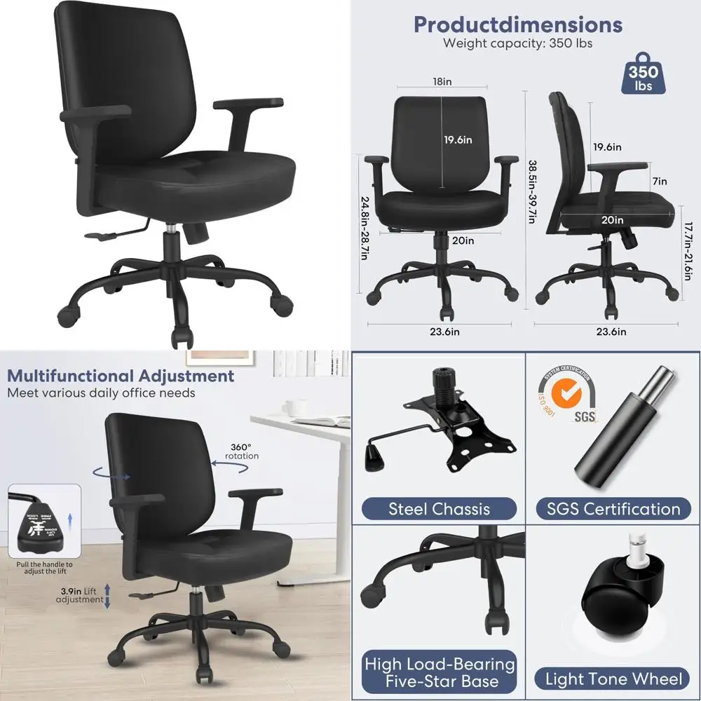 كرسي مكتب دوار بذراع قابل للتعديل في منتصف الظهر للمكتب المنزلي - مقاعد مريحة لمهمة الكمبيوتر للبالغين