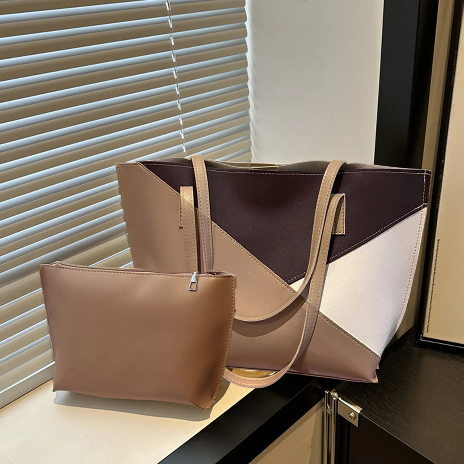 

Женская сумка-тоут из искусственной кожи, стильная контрастная цветная сумка на плечо большой вместимости с сумочкой, набор из 2 предметов