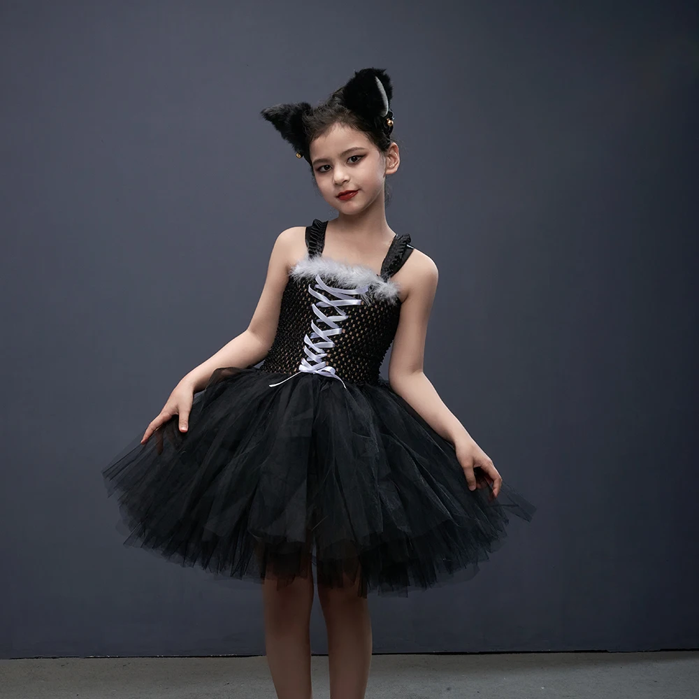 Black Cat Halloween Costume Kids Animal Fancy Tutu Dress with Ears Headband Baby Girls Cosplay Clothes Birthday Party Outfits