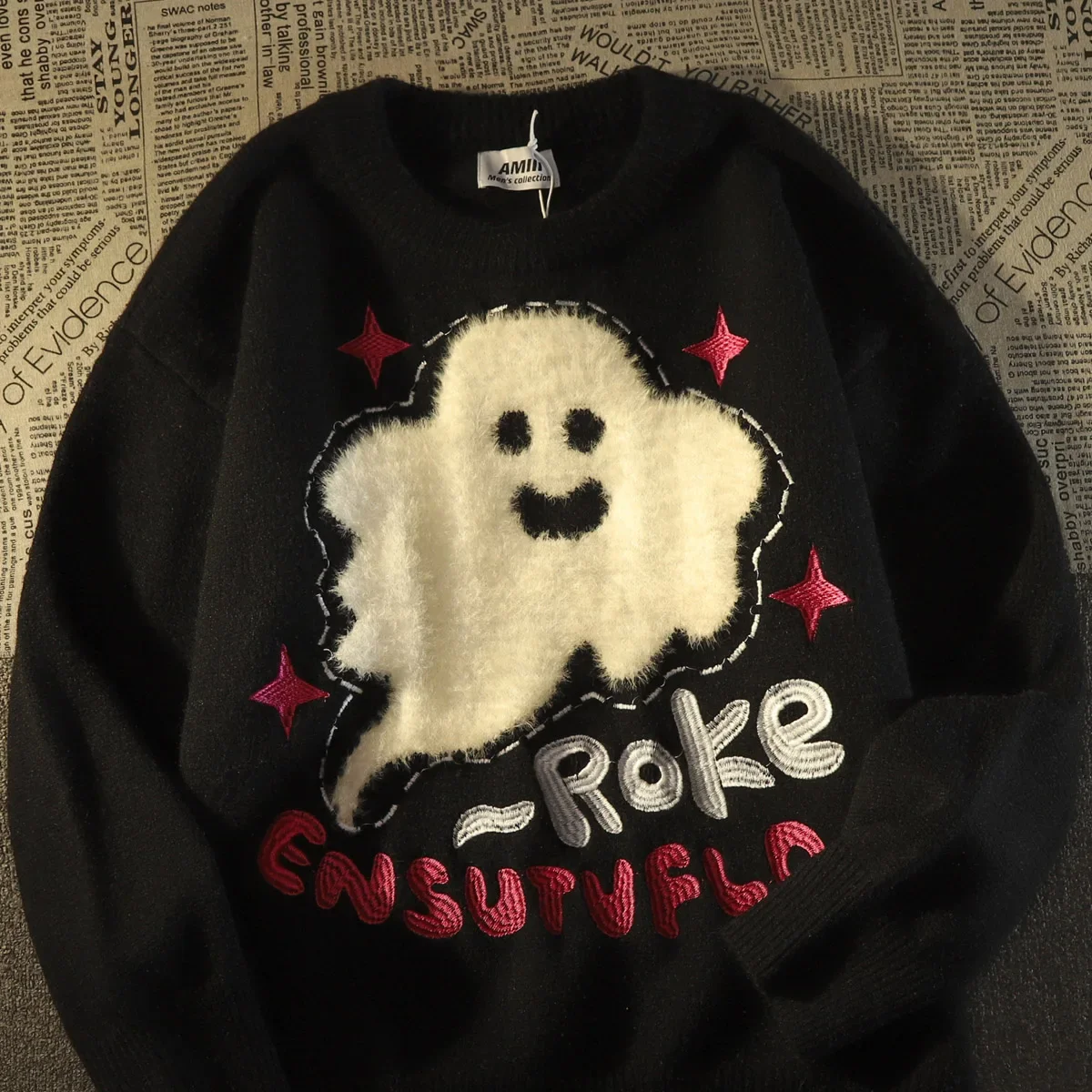 Pullover Knitted Sweater Thick Warm Women's Loose Casual Fashion American Retro Fun Ghost Embroidery Couple Coat Keep Emit Heat