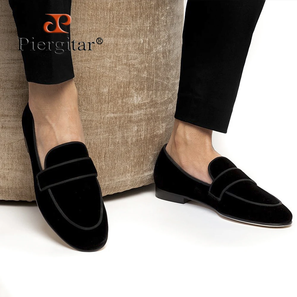 Piergitar Black Color Velvet Slip-On Loafers Can Be Worn Casual Or Formal Handmade Smoking Slippers Breathable Leather Insole