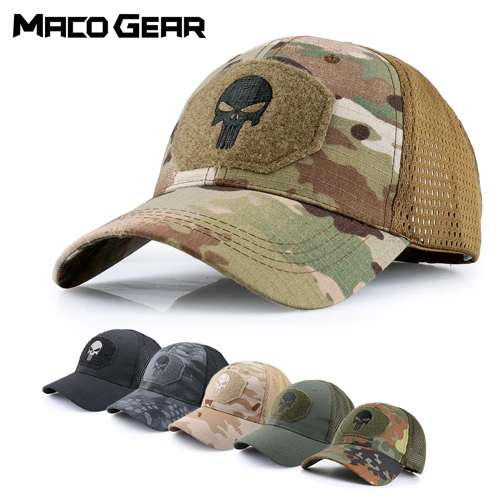 Summer Tactical Camouflage Baseball Cap Mesh Skull Adjustable Sunshade Hat Camping Hunting Hiking Breathable Snapback Caps Men