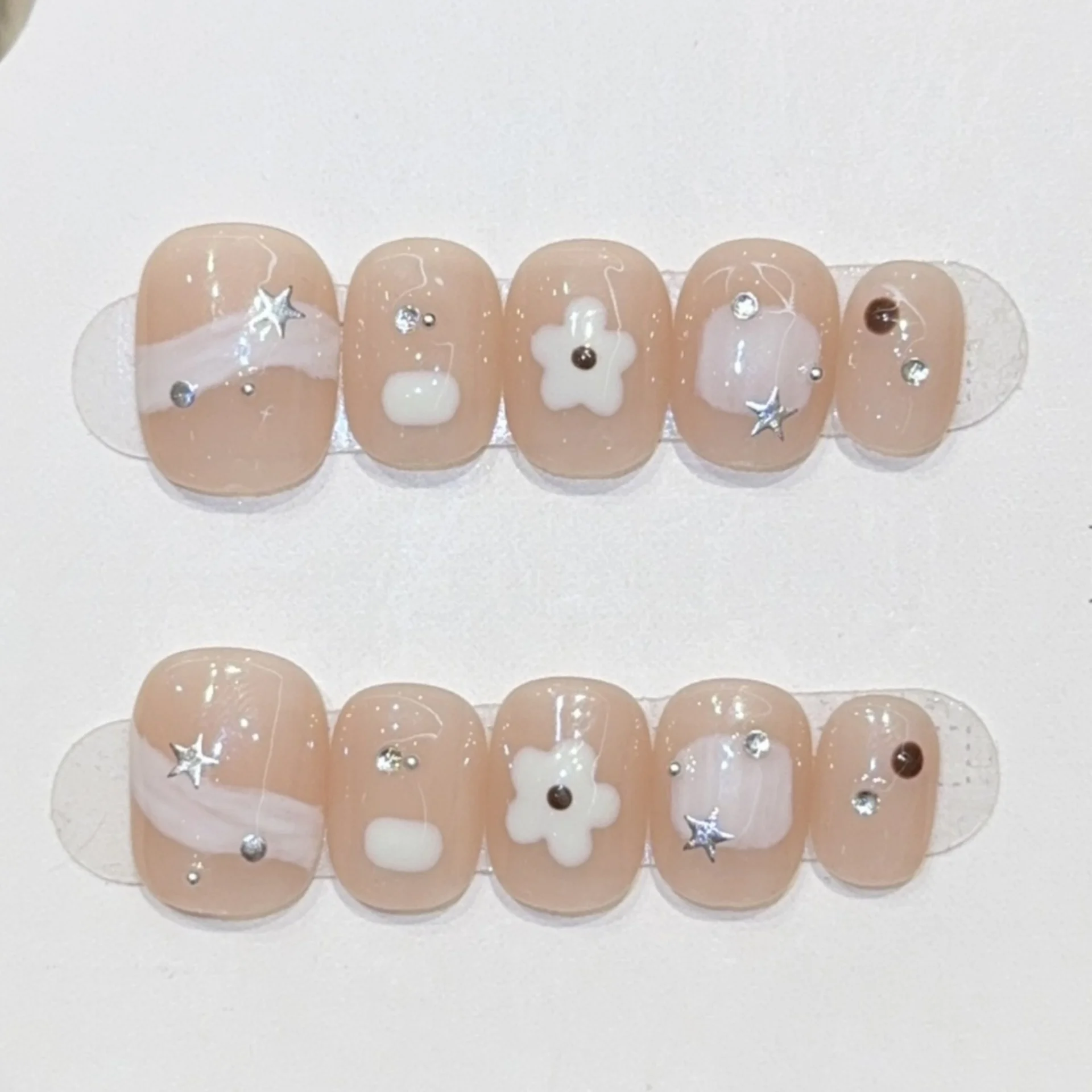 10 pçs acabado artesanal unhas falsas dicas gradiente azul olho de gato curto redondo falso arte do prego wearable pó brilhante imprensa em unhas