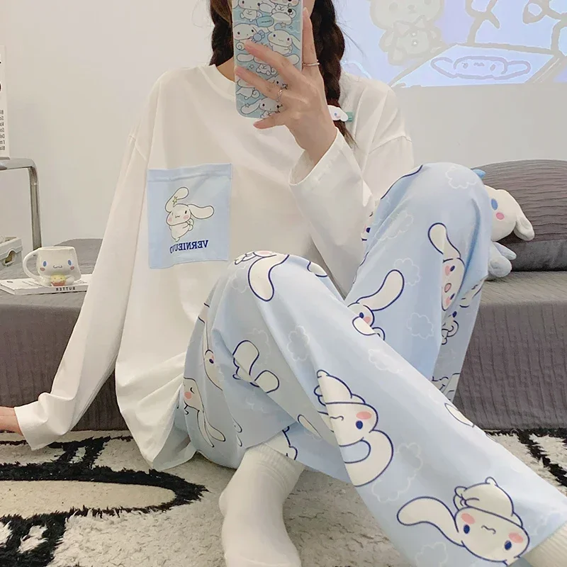 

Sanrio jade cinnamon dog silk pajamas women's autumn pure cotton long-sleeved casual cartoon loungewear pajamas and pants set