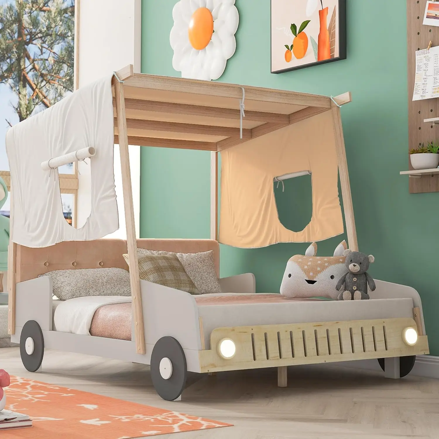 Harper & Bright Designs Full Size Kids Car Bed With Pillow, Ceiling Cloth And Led Light, Full Playhouse Bed Frame, Kids Canopy