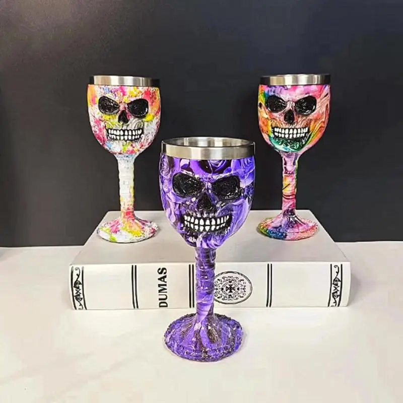 

Halloween Wine Goblet Skull Halloween Wine Glass Resin Stainless Steel Party Drinkware Party Cups Hand-Drawn Design For Wine