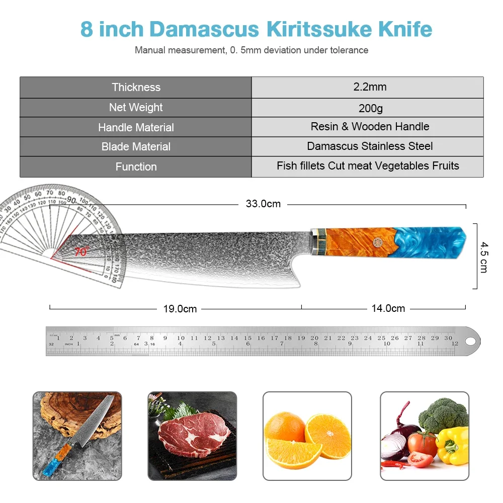 Japanese 8 Inch Kiritsuke Knife Damascus Steel Chef Knife Resin Stabilized Wood Handle Cooking Knife for Meat Vegetable Cutting