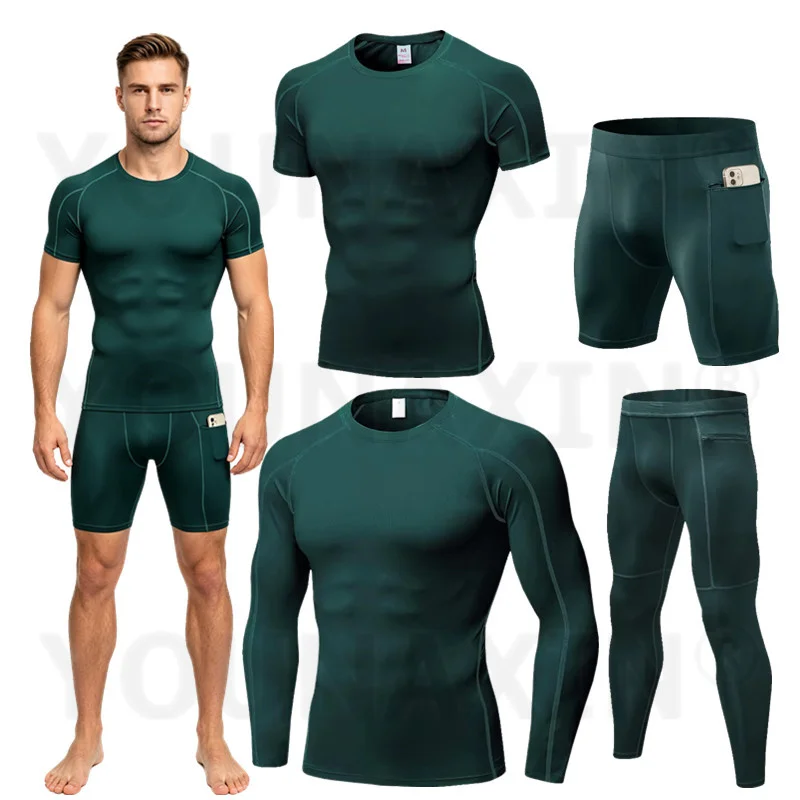 Dark Green Men's Zippered Pocket Fitness Pants Sports Leggings Quick-drying Compression T-shirts Training Shorts S M L XL 2XL