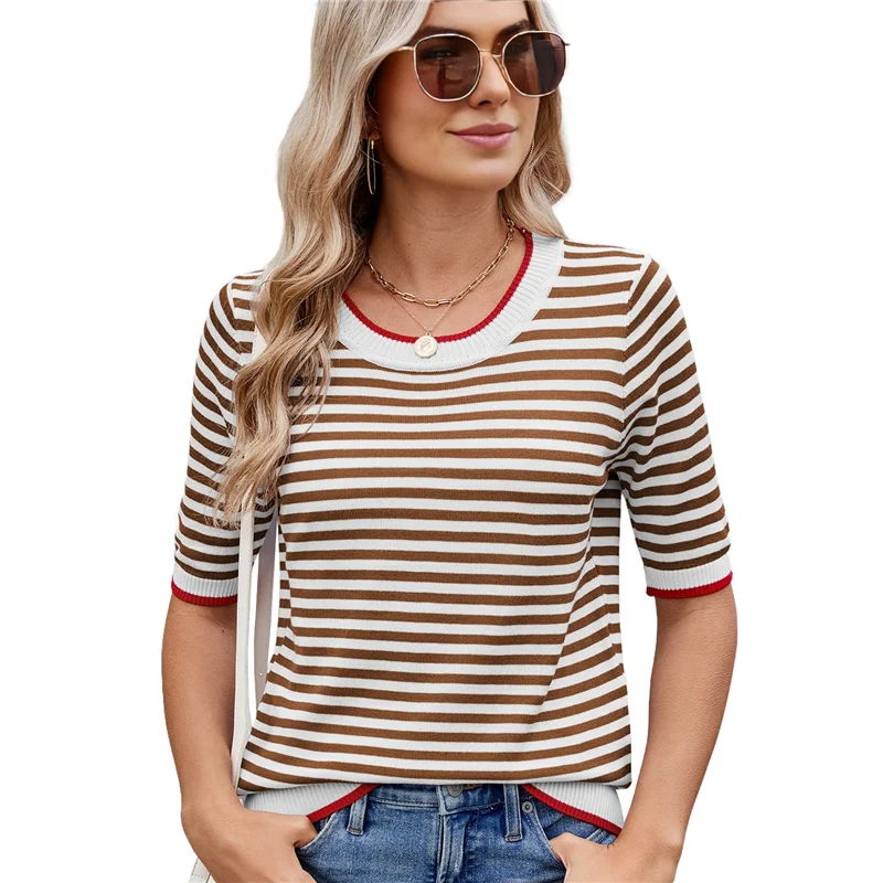 ABRT-สตรีฤดูร้อนเสื้อแขนสั้นเสื้อกันหนาวลายน่ารักสบายๆอินเทรนด์เสื้อผ้าผู้หญิง Crewneck เสื้อถัก