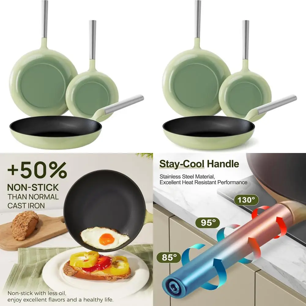 

Набор из 3-х антипригарных чугунных сковород с титановой эмалью, 8, 9.5, 11 дюймов, безопасен для духовки и посудомоечной машины, совместим со всеми типами плит